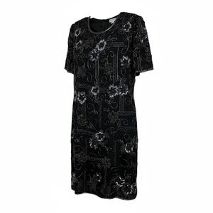 Vintage Night Vogue‎ Black Silk Beaded Floral Short Sleeve Cocktail Dress Size S